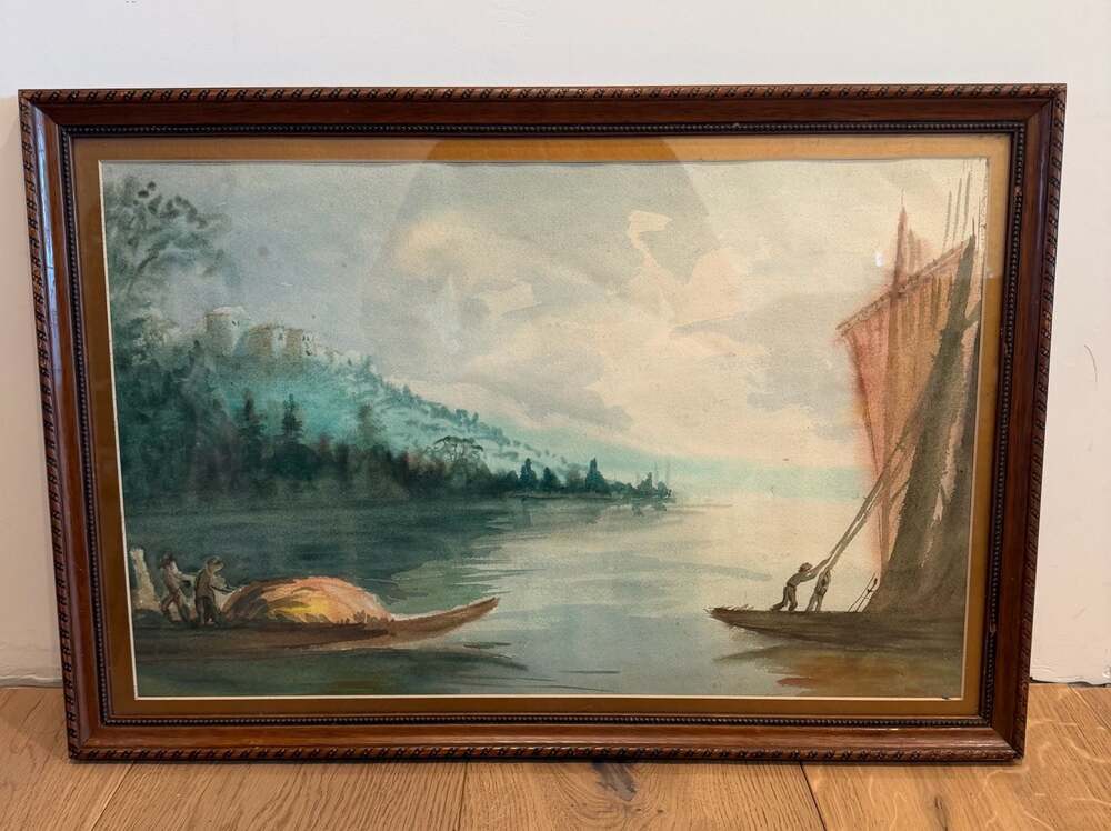 Vintage Original Watercolor Painting River Landscape with Boats and Figures Fram